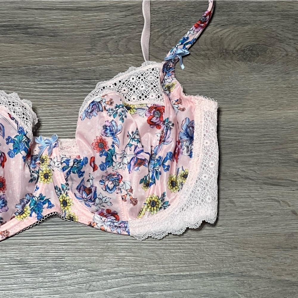 Figleaves 38E Bra Underwire Unlined Full Coverage Lace Trim Pink Floral - Picture 2 of 5
